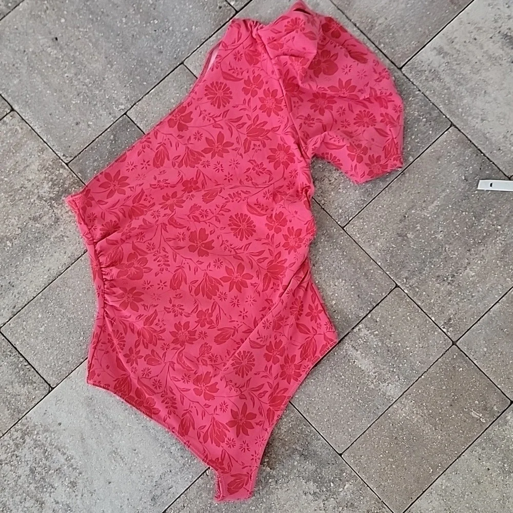 Free People Pink Floral Thong Bodysuit Sz S Ruched on Both Sides - Picture 4 of 11